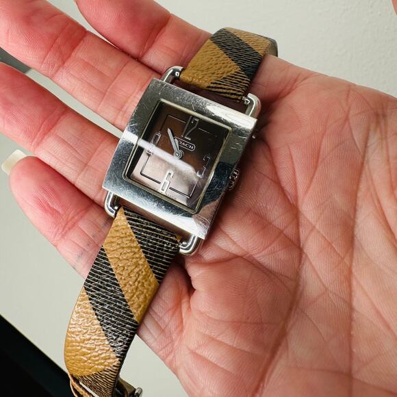 Coach Silver Square Bronze Face Watch Tan Plaid Watchband - Picture 4 of 14